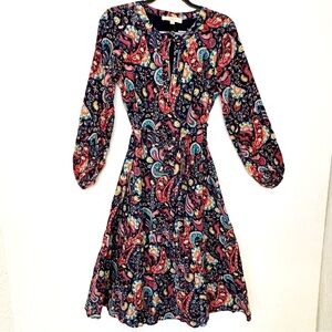 LOFT Shimmer Paisley Tie Neck Midi Dress Medium P